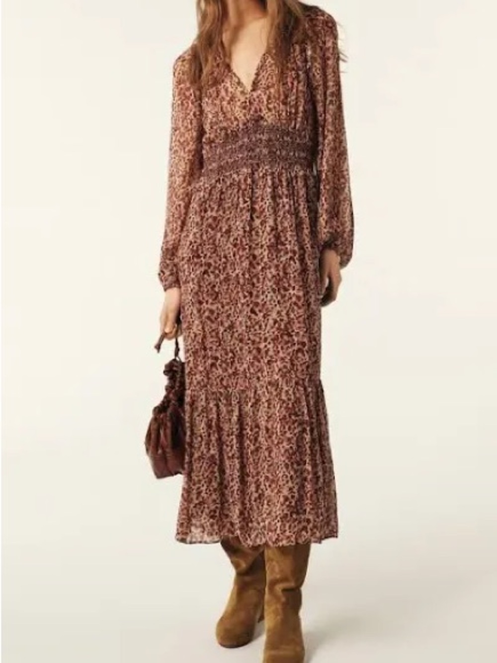 ba&sh Floral Smocked-Waist Midi Dress in Brown